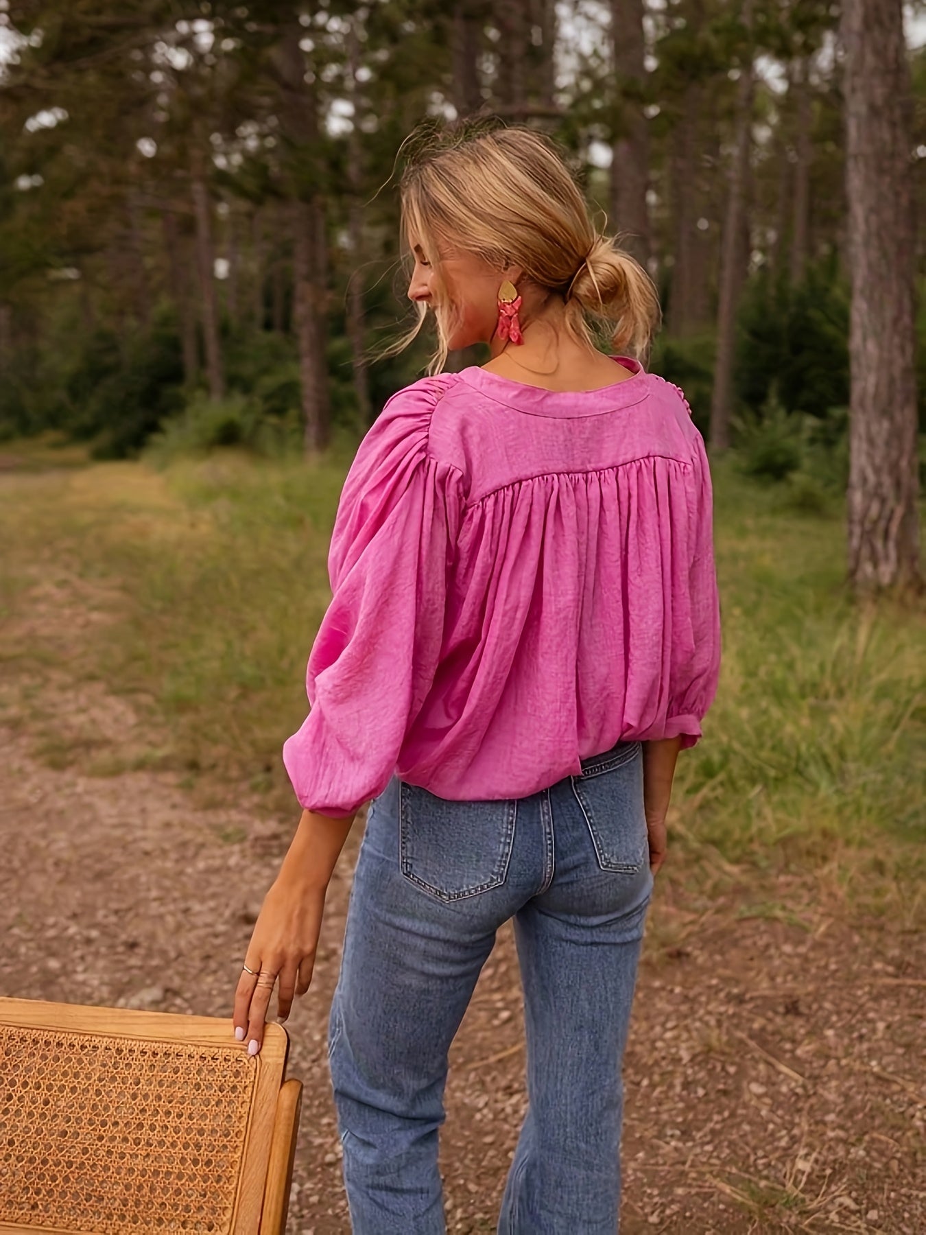 Édith™ — Tuniekblouse met V-Hals en 3/4 Mouwen in Fuchsiaroze